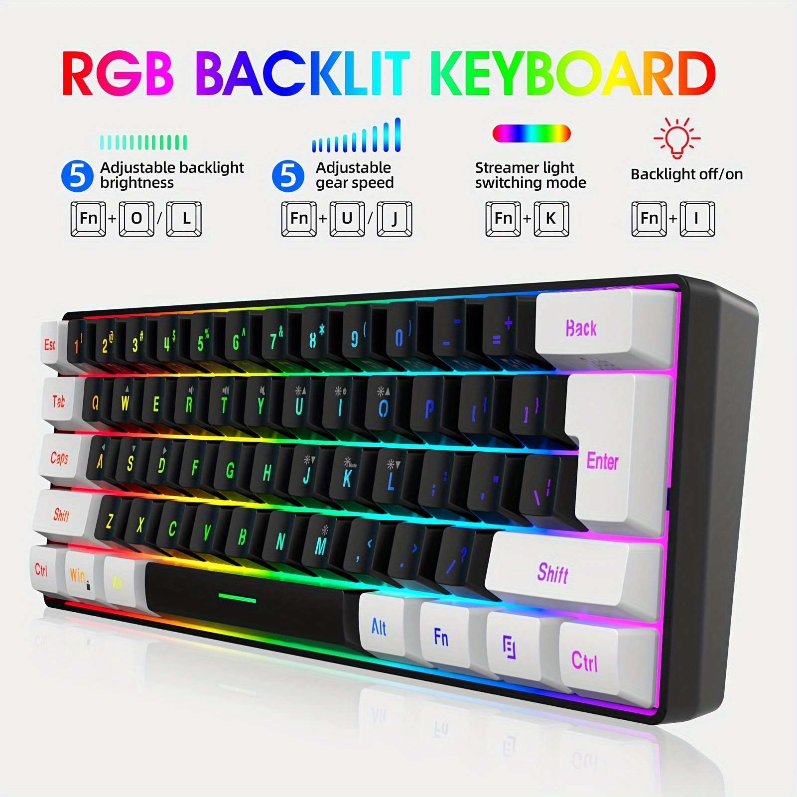 HXSJ 60% Compact RGB Backlit Gaming Keyboard & Mouse Combo - 61-Key Mini Wired PC/Laptop/PS4/Xbox//Xbox Series X/Switch, 7200 DPI Mouse with Interchangeable Cover, White & Black RGB Setup for PC Gamers
