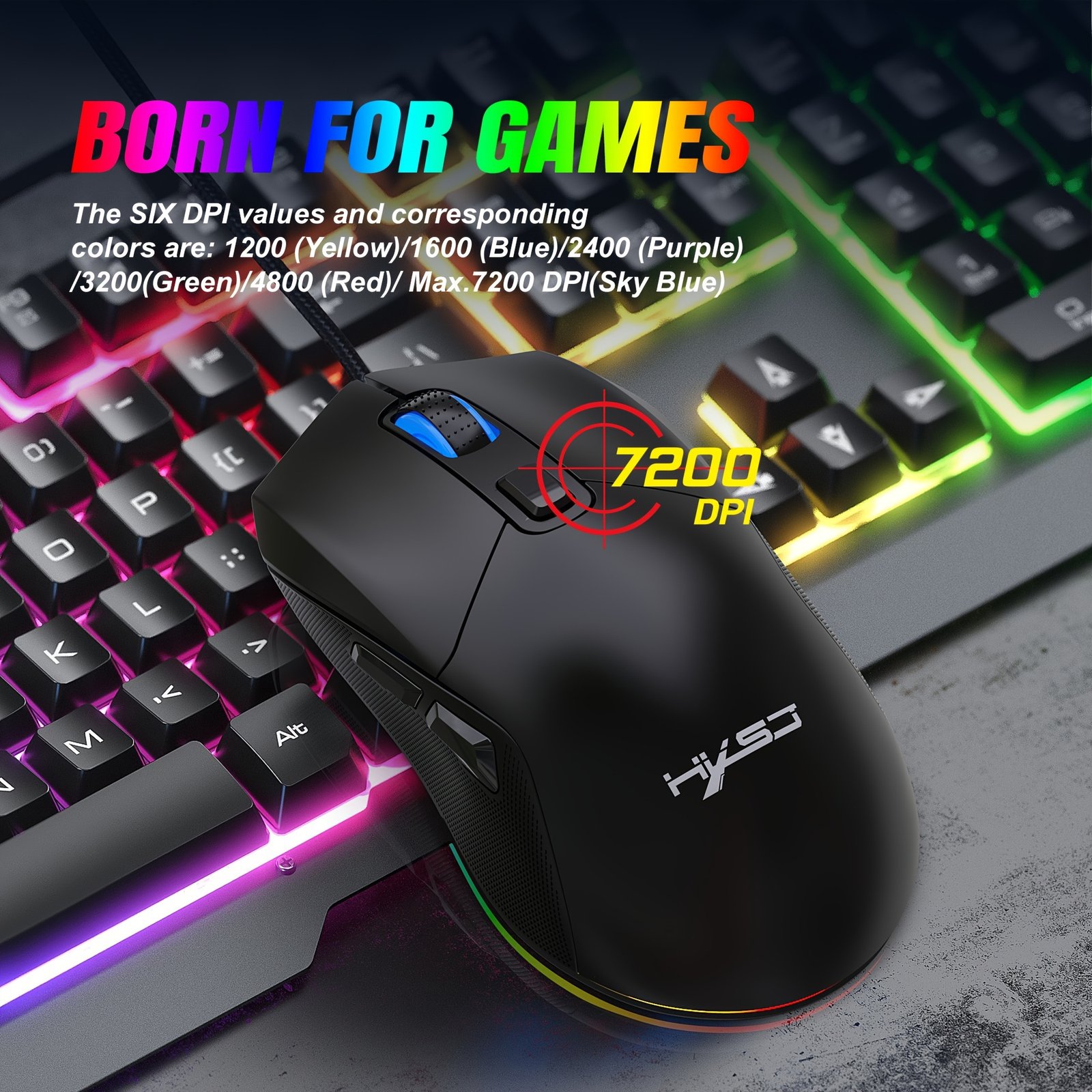 HXSJ 60% Compact RGB Backlit Gaming Keyboard & Mouse Combo - 61-Key Mini Wired PC/Laptop/PS4/Xbox//Xbox Series X/Switch, 7200 DPI Mouse with Interchangeable Cover, White & Black RGB Setup for PC Gamers