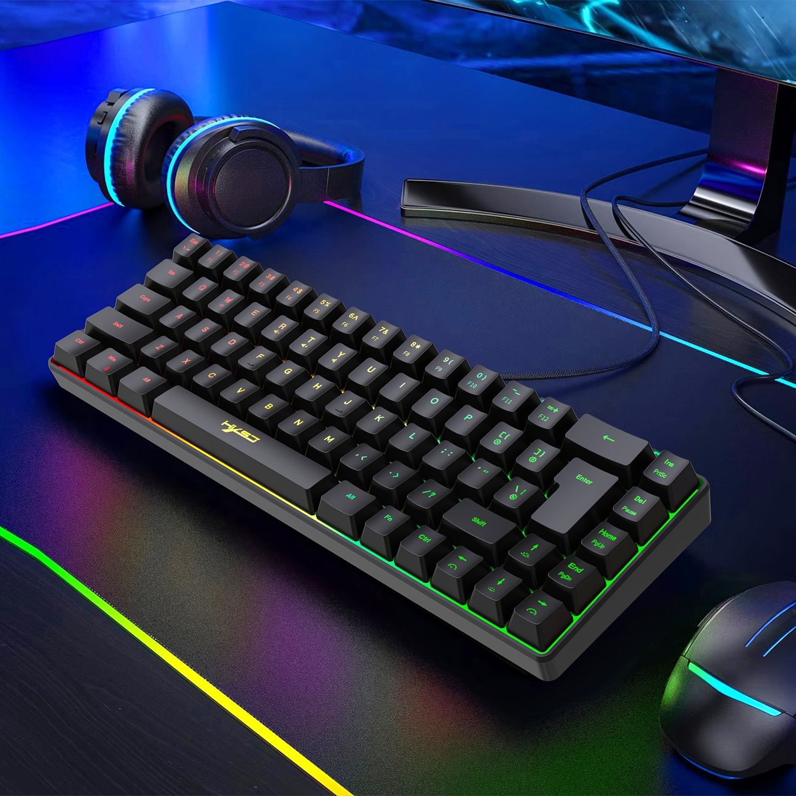 HXSJ Ergonomic 68-Key Mini Wired Keyboard with RGB Backlight and Optical Gaming Mouse, ABS Material, Compatible with PS4, Xbox, PC, Laptop, Mac - No Battery Required