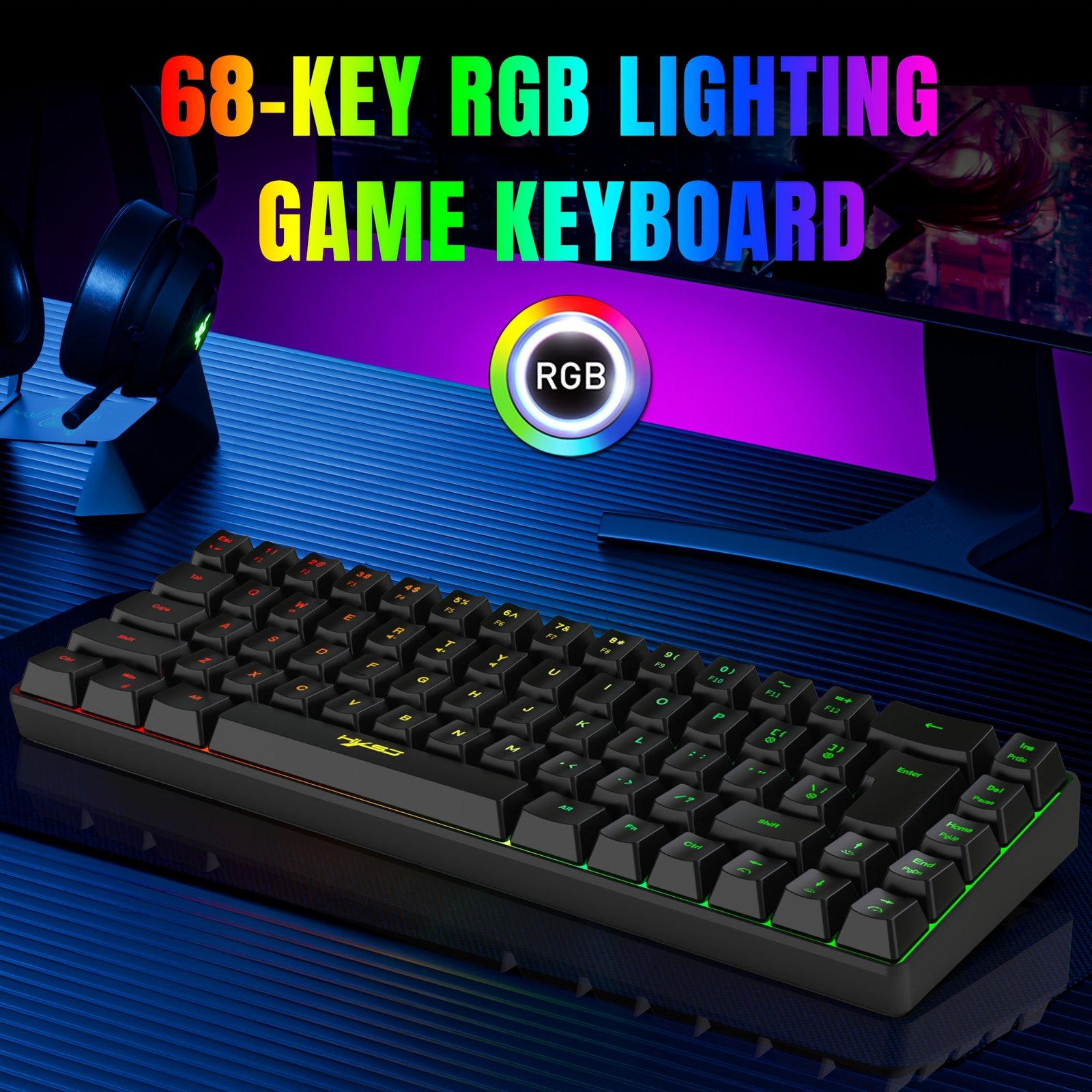 HXSJ Ergonomic 68-Key Mini Wired Keyboard with RGB Backlight and Optical Gaming Mouse, ABS Material, Compatible with PS4, Xbox, PC, Laptop, Mac - No Battery Required