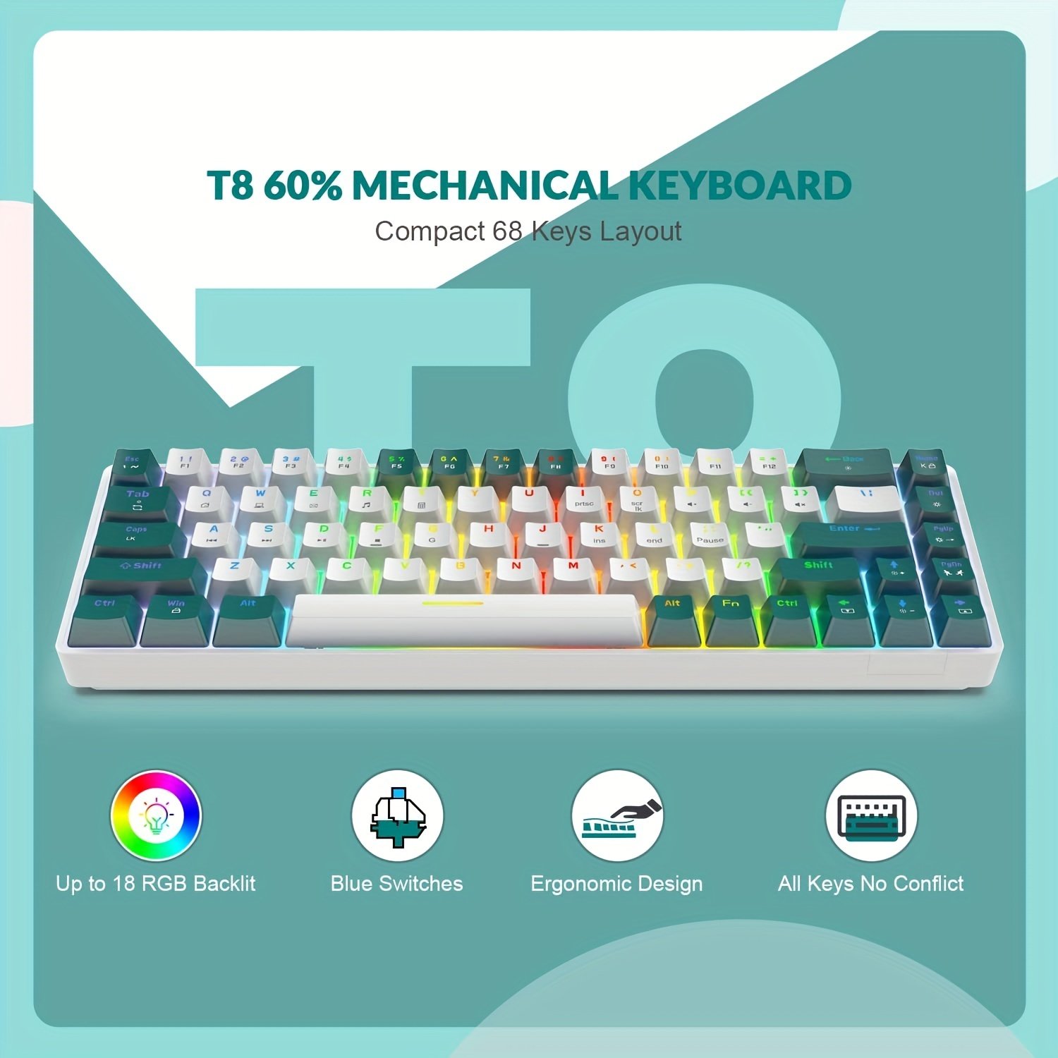 Ergonomic RK-T8PR0 65% Mechanical Gaming Keyboard & Mouse Combo with RGB LED Backlight, Anti-Ghosting TKL Design, Coiled Cable, Blue Switches - Perfect for PS4, PS5, Xbox, PC, Mac Gamers