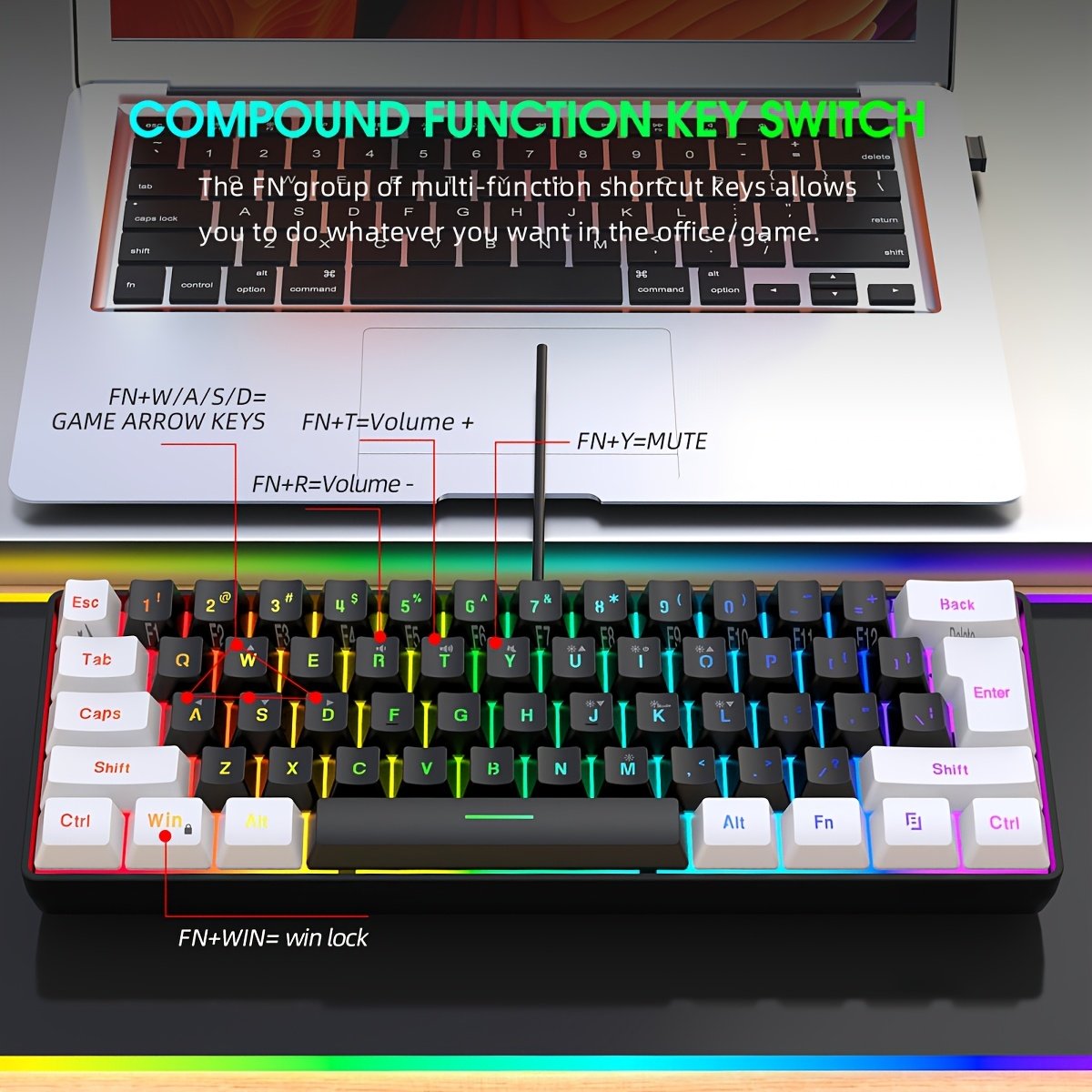 HXSJ Wired Keyboard with USB-C Detachable Cable, Portable Design, RGB Lighting, and Membrane Structure Suitable for Home, Office, and Gaming Use Wired Only