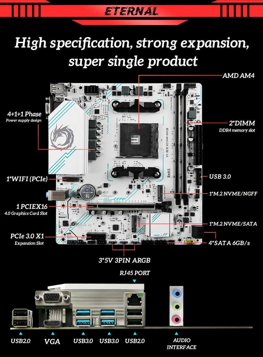 SOYO B550m ARGB Motherboard for AMD Ryzen 3-5 Series Processors, M-ATX Gaming & Streaming PC Build with RGB Lighting, PCIe 4.0, Dual M.2 NVMe/SATA SSD Slots, USB 3.2 Gen1, 1Gbps LAN & VGA Included (Compatible with Ryzen 3000/4000/5000 Series)