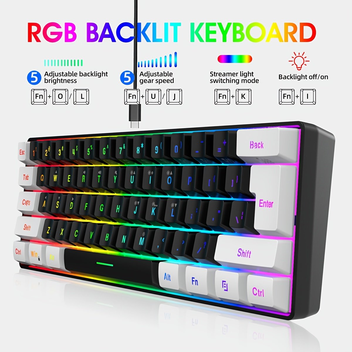 HXSJ Wired Keyboard with USB-C Detachable Cable, Portable Design, RGB Lighting, and Membrane Structure Suitable for Home, Office, and Gaming Use Wired Only