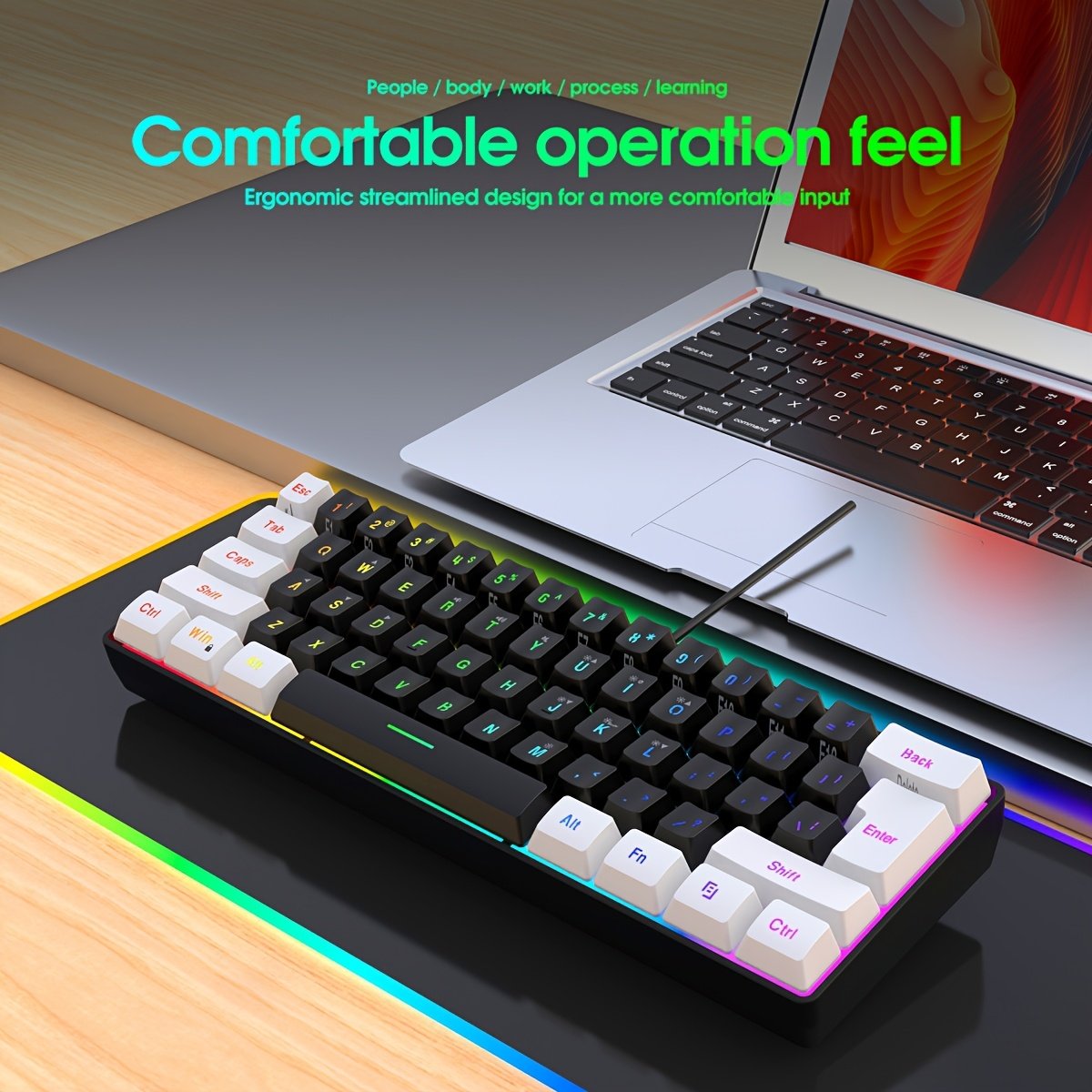 HXSJ Wired Keyboard with USB-C Detachable Cable, Portable Design, RGB Lighting, and Membrane Structure Suitable for Home, Office, and Gaming Use Wired Only