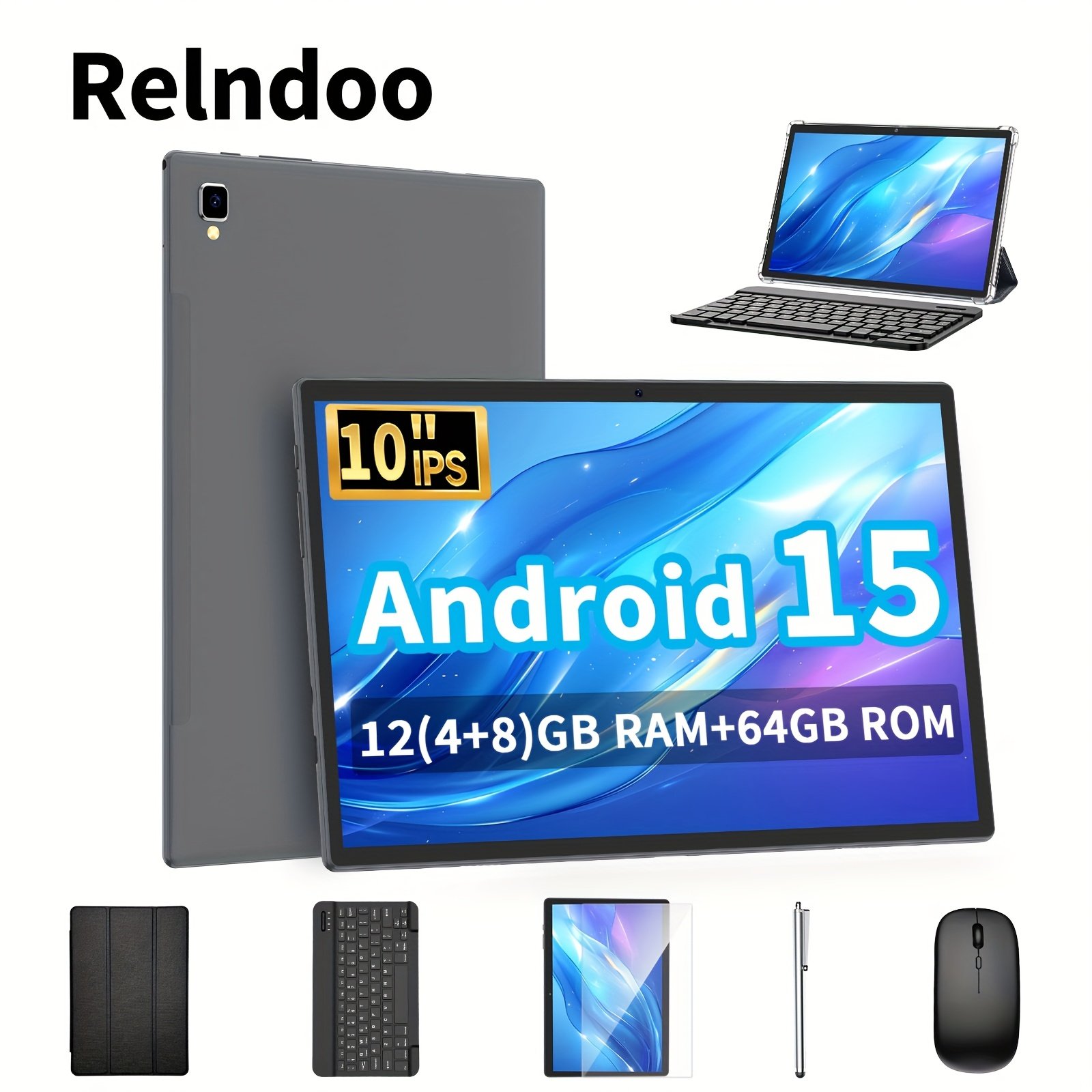 Relndoo Newest Android 15 2-in-1 Tablet 10.1 Inch with Keyboard