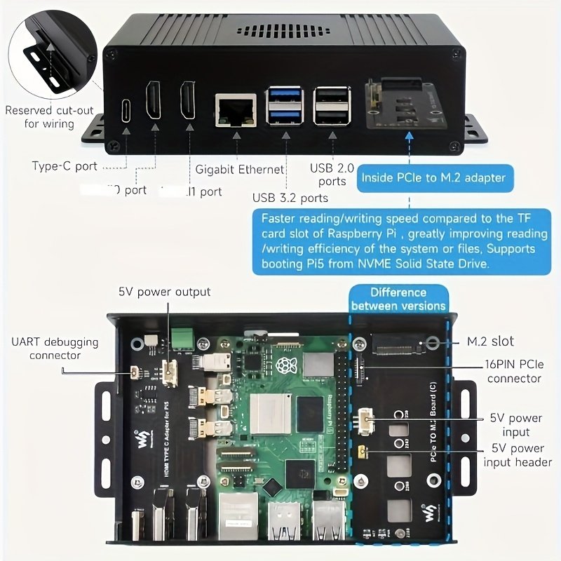 Waveshare Raspberry Pi 5 Mini-Computer Kit - Multi-Functional, Aluminum Alloy Case with PCIe Adapter Option