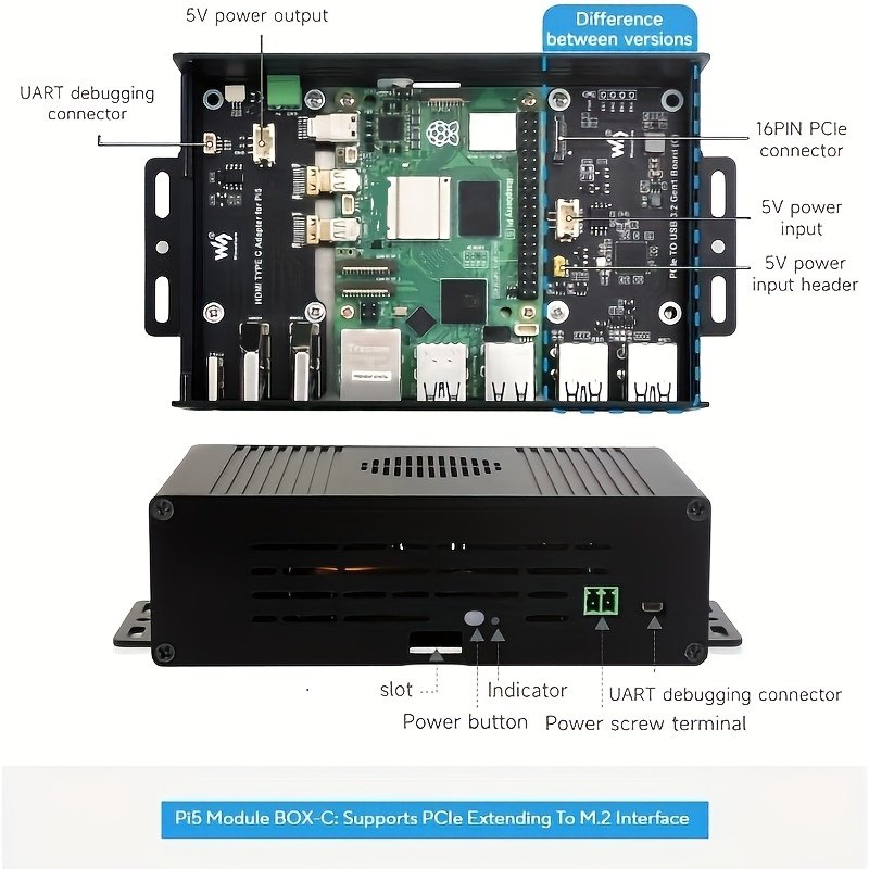Waveshare Raspberry Pi 5 Mini-Computer Kit - Multi-Functional, Aluminum Alloy Case with PCIe Adapter Option