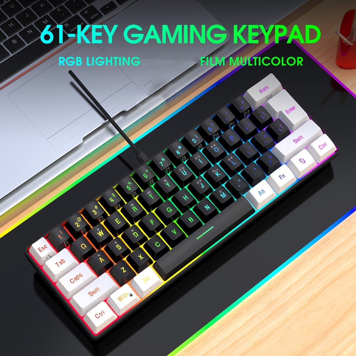 HXSJ Wired Keyboard with USB-C Detachable Cable, Portable Design, RGB Lighting, and Membrane Structure Suitable for Home, Office, and Gaming Use Wired Only