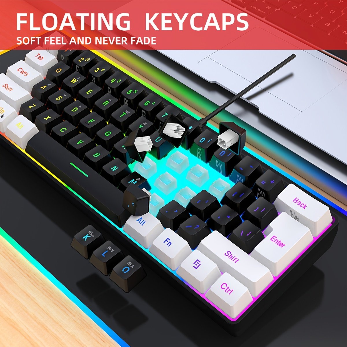 HXSJ Wired Keyboard with USB-C Detachable Cable, Portable Design, RGB Lighting, and Membrane Structure Suitable for Home, Office, and Gaming Use Wired Only