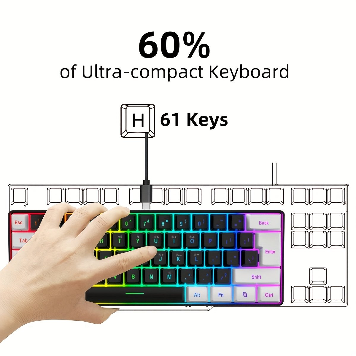 HXSJ Wired Keyboard with USB-C Detachable Cable, Portable Design, RGB Lighting, and Membrane Structure Suitable for Home, Office, and Gaming Use Wired Only