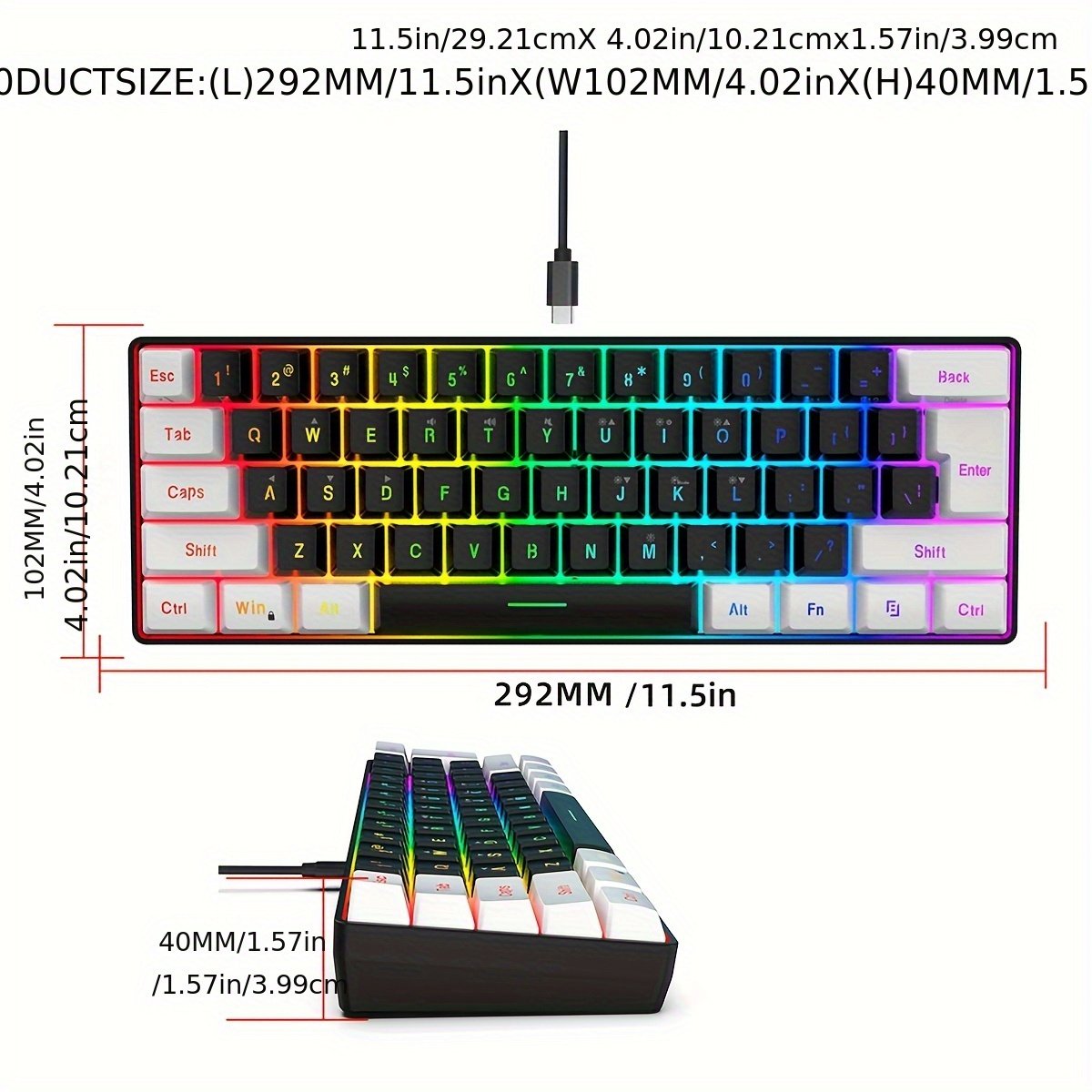 HXSJ Wired Keyboard with USB-C Detachable Cable, Portable Design, RGB Lighting, and Membrane Structure Suitable for Home, Office, and Gaming Use Wired Only