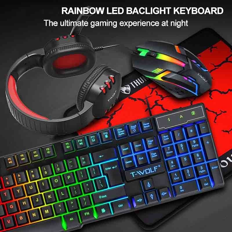 1 Set Complete 4-in-1 Wired Gaming PC Setup Bundle: Mechanical Keyboard, Headset, Mouse & RGB-Compatible Mouse Pad with Cherry-like Switches-like Feel, - (No External PS/2 Adapter) - All-in-One Computer Gift for