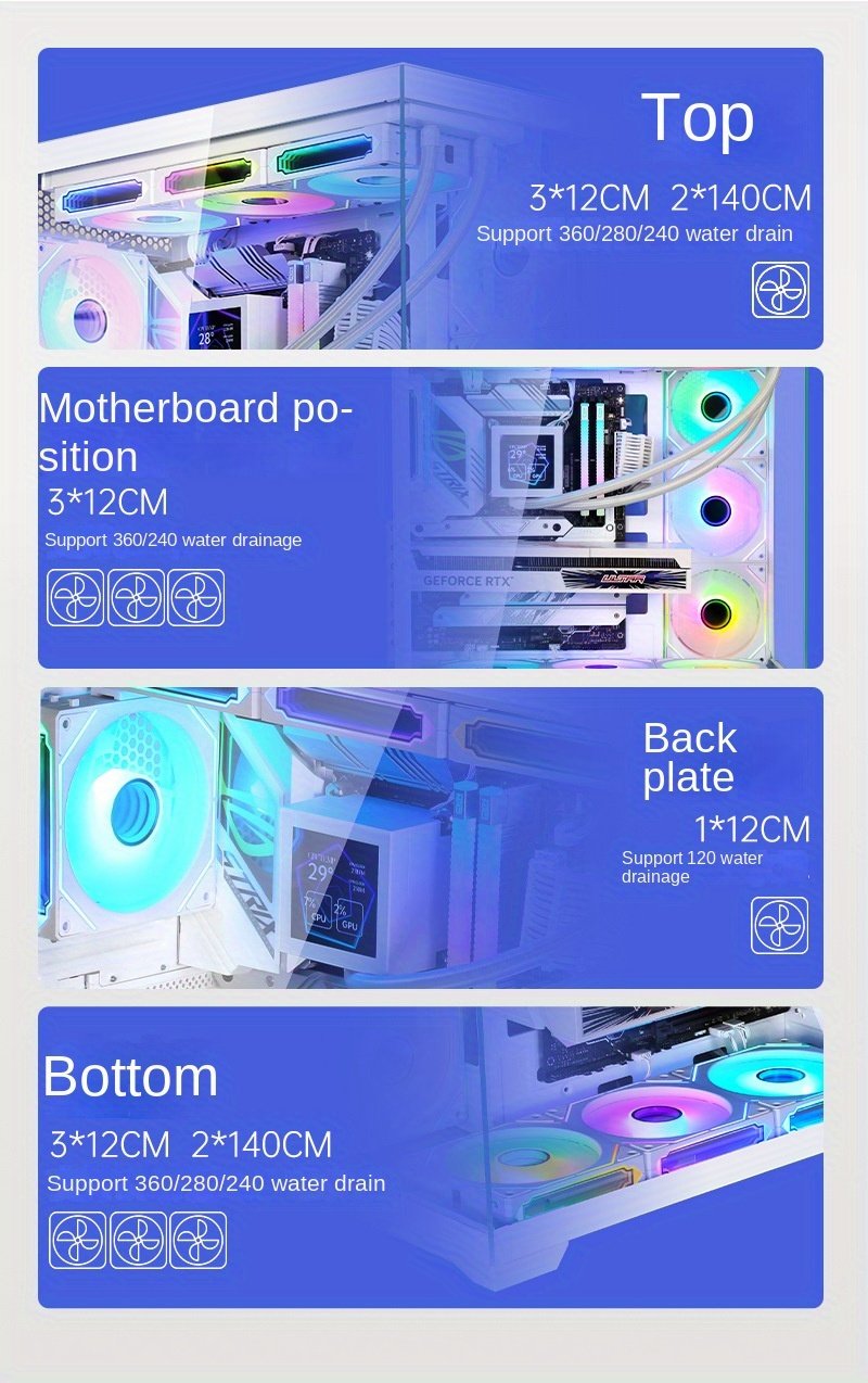 Stylish Gaming PC Case with E-ATX/ATX/M-ATX/ITX Motherboard Compatibility and 360 Water Cooling Support